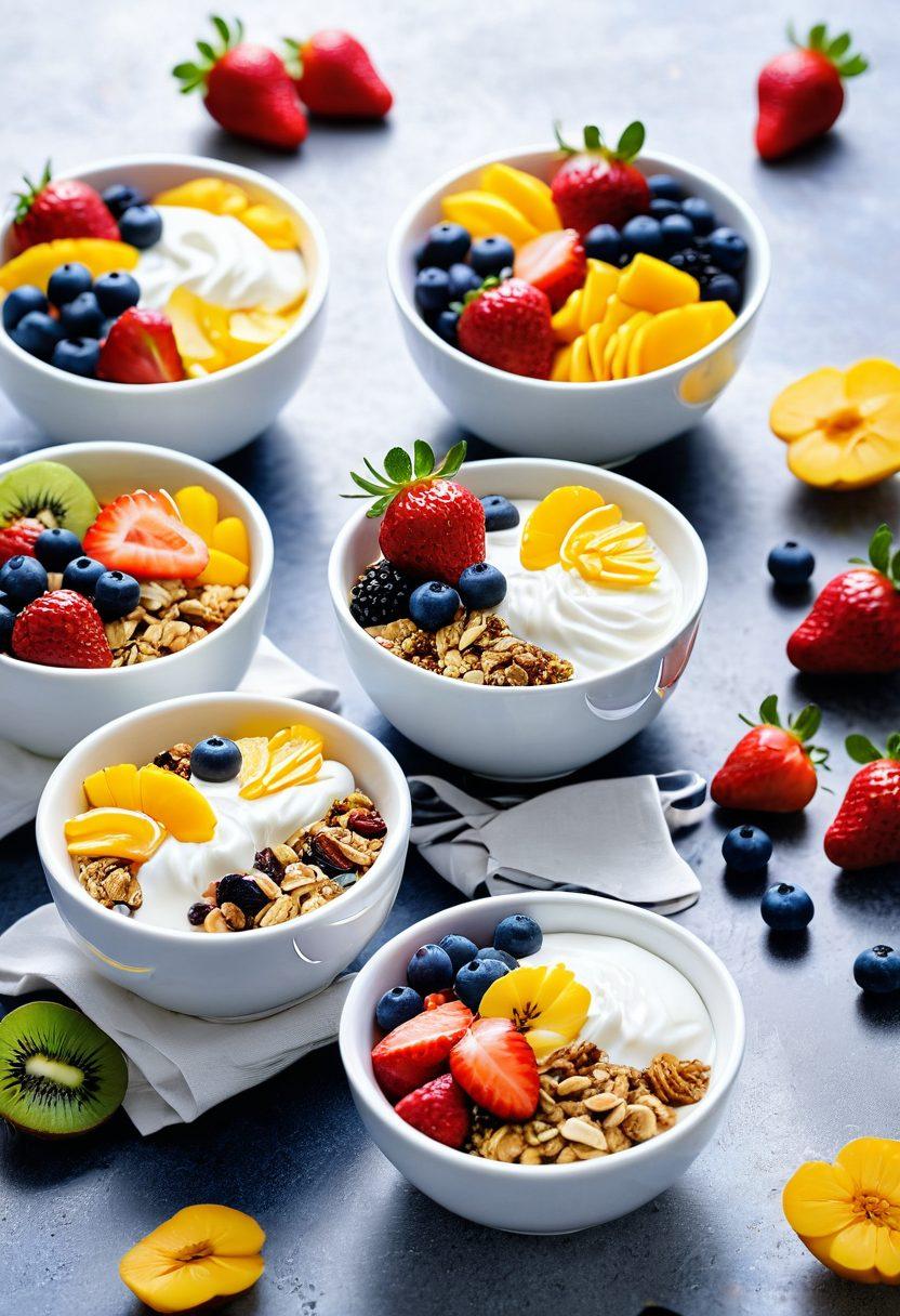 A vibrant and inviting display of assorted yogurt snacks, highlighting an array of flavors and textures in elegant bowls. Accentuate fresh fruits like berries and tropical slices arranged artfully around the yogurt, showcasing a blend of creamy and crunchy toppings. Soft lighting to evoke warmth and health, while an enticing spoon rests beside each bowl, inviting indulgence. Set against a clean, white background to enhance freshness. super-realistic. vibrant colors. white background.