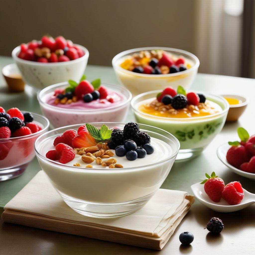 A vibrant assortment of yogurt flavors displayed in elegant glass bowls, featuring unique toppings like fresh berries, nuts, and drizzles of honey. In the background, a whimsical recipe book is open, showcasing colorful illustrations of yogurt dishes. Soft, natural lighting casts a warm glow on the scene, creating an inviting atmosphere. super-realistic. vibrant colors.