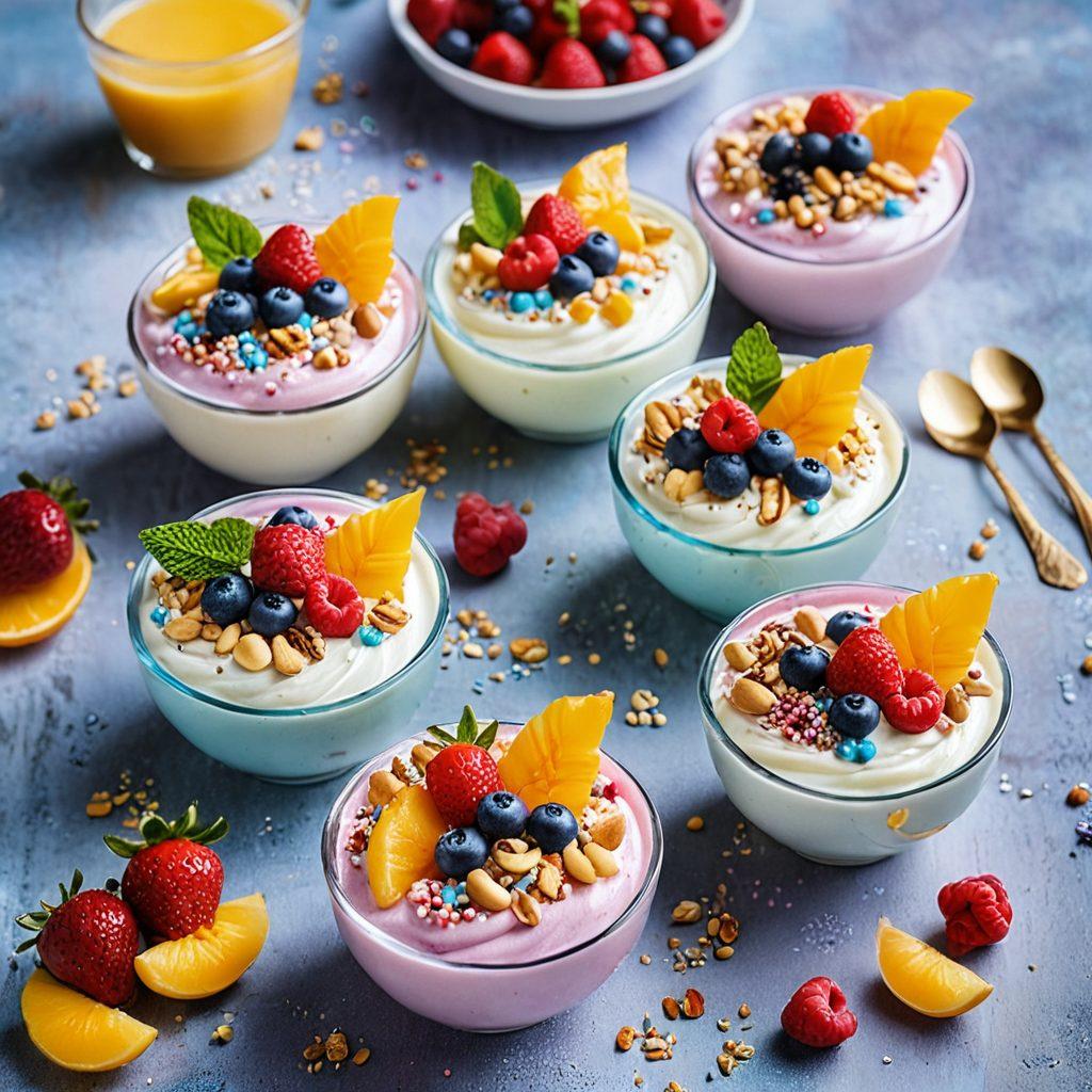 A whimsical scene featuring a variety of colorful yogurt desserts in beautiful bowls, topped with fresh fruits, nuts, and drizzles of honey. The background should be bright and cheerful, evoking a sense of joy and indulgence in creamy treats, with soft pastel colors and playful details like sprinkles and miniature decorative spoons. super-realistic. vibrant colors. cheerful atmosphere.